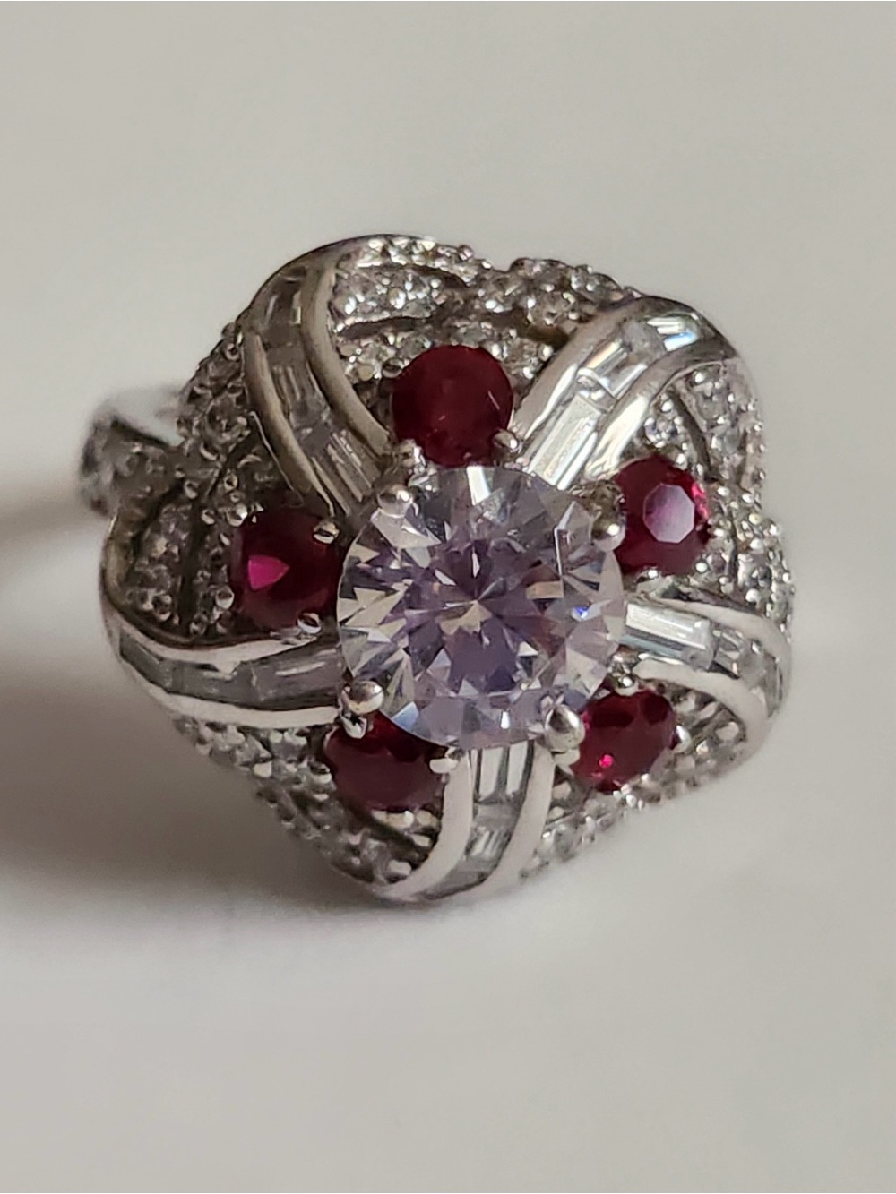 Jean Dousset JD Ruby Colored CZ Cocktail Ring 925 Sterling Silver Size 6